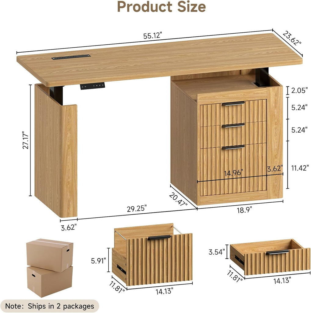 55" Electric Standing Desk with File Cabinet & Storage, Oak Brown