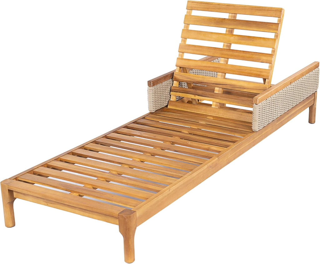 Outdoor Acacia Wood Lounge Chair with Adjustable Backrest, Patio Chaise Lounge with Cushions and Light Grey Wicker