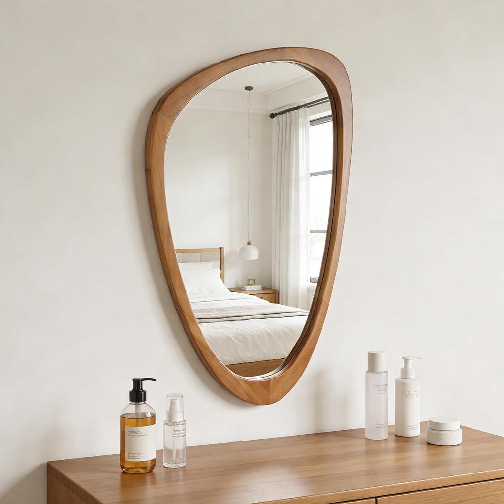 Irregular Wall Mirror Asymmetrical Bathroom Mirror, 19 x 30 Inch Wall Mounted Decorative Mirror with Wooden Frame