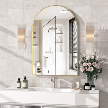 Wall Mounted Mirror, Arched Wall Mirror, 24"x36" Arch Bathroom Mirror with Metal Frame, Gold Vanity Mirror Decor