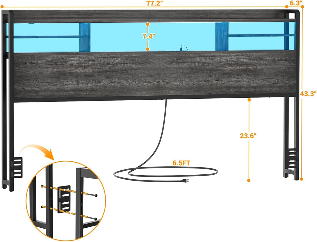 Headboard for King Bed with Storage, Headboards with LED Light, Power Outlets, USB Ports King Head Board