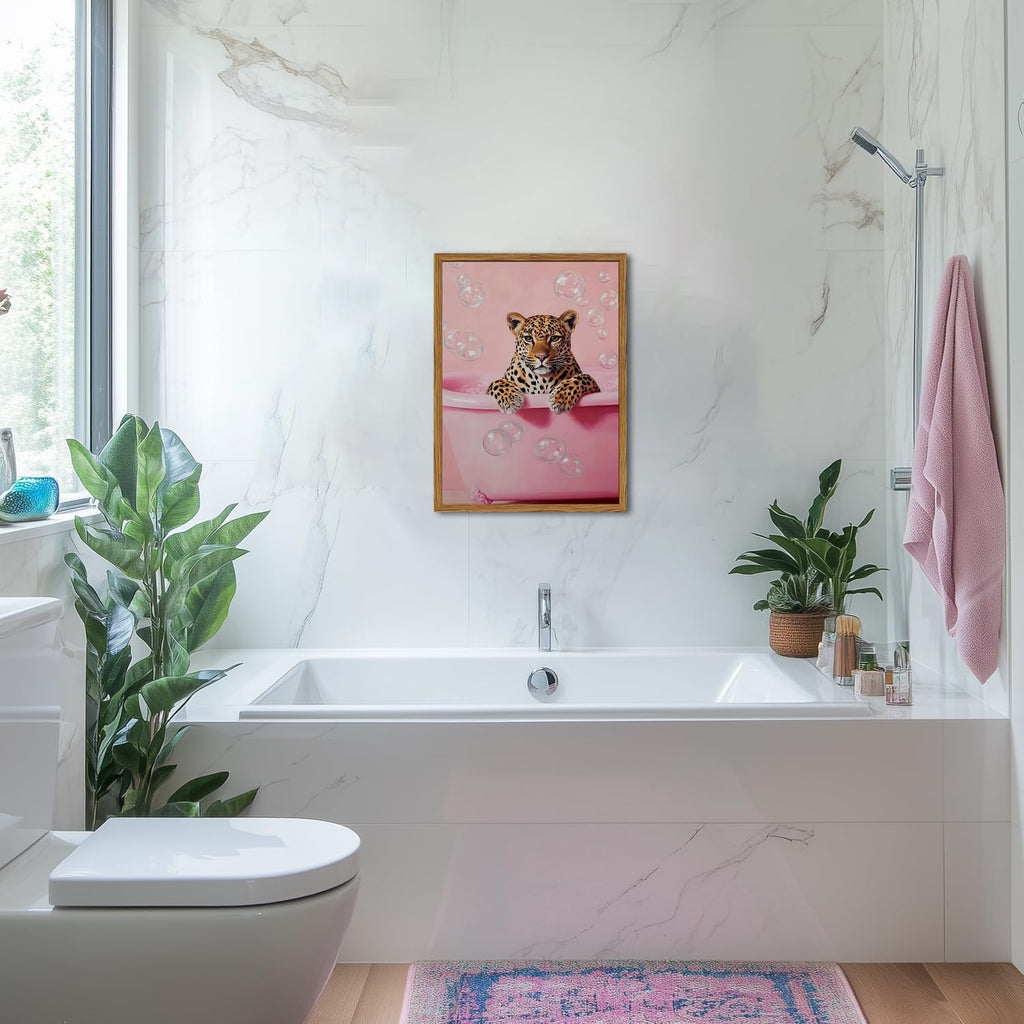 Funny Cheetah Bathroom Wall Art, Pink Leopard in Bathtub Wall Decor Paintings, Cute Animal Bathroom Poster Canvas