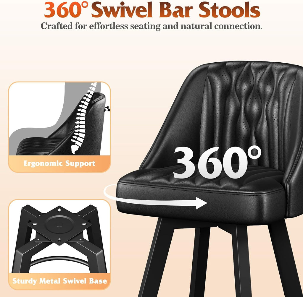 Swivel Bar Stools with Backs, 26 Inches Counter Height Bar Stools Set of 3, PU Leather Upholstered Counter Barstools