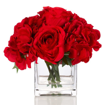 Small Red Silk Faux Flowers in Vase, Mixed Rose and Hydrangea Artificial Floral Arrangement in Vase with Faux Water