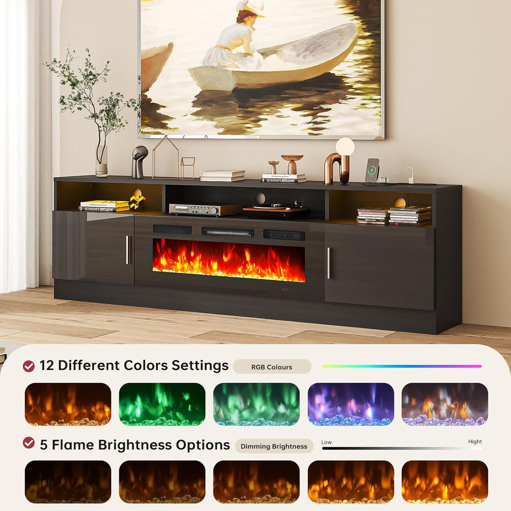 70 Inch Fireplace TV Stand with Power Outlet for TVs up to 80 Inches, Electric Fireplace Entertainment Center with LED Lights and Storage Cabinets, Black