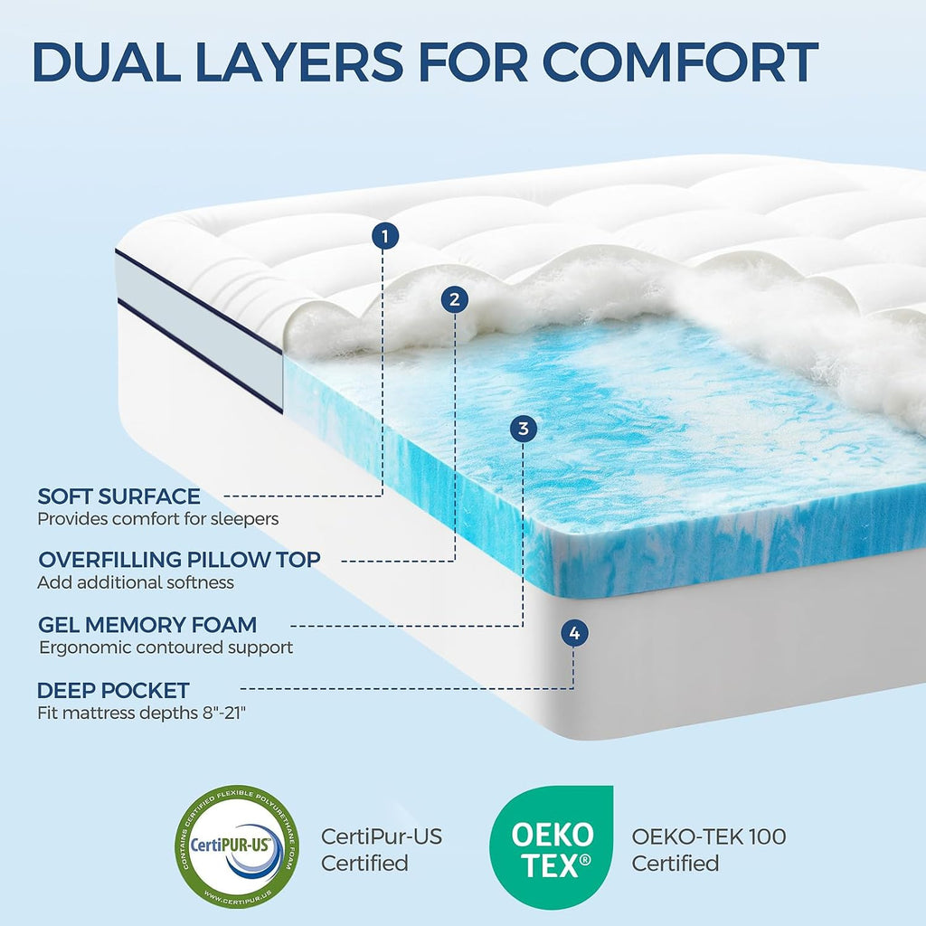 Premium Dual Layer 4 Inch Memory Foam Mattress Topper, 2 Inch Gel Memory Foam and 2 Inch Pillow Top Mattress Pad