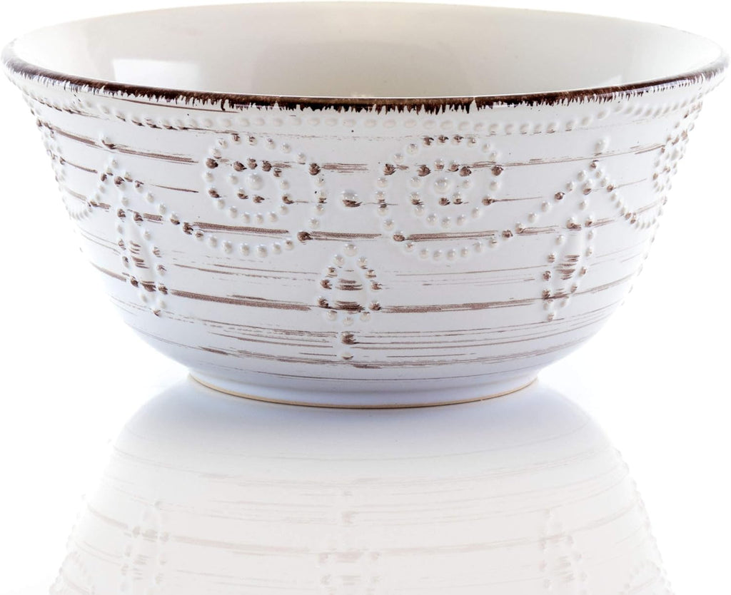 Rustic Birch 16 Piece Embossed Scalloped Stoneware Round Dinnerware Set in White with Brown Accents