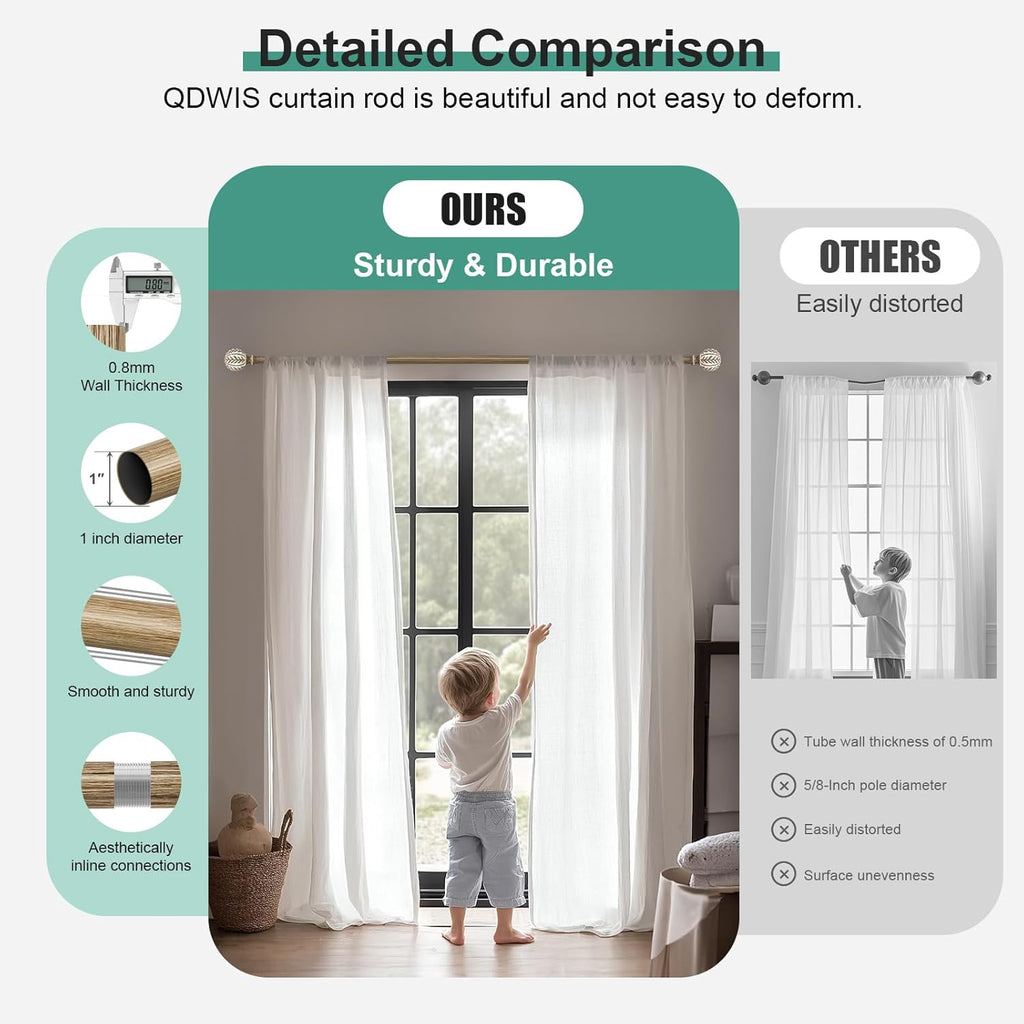 Boho Wood Curtain Rods for Windows 48 to 84 inch,1" Adjustable Heavy Duty Window Curtain Rod with Imitation Wood