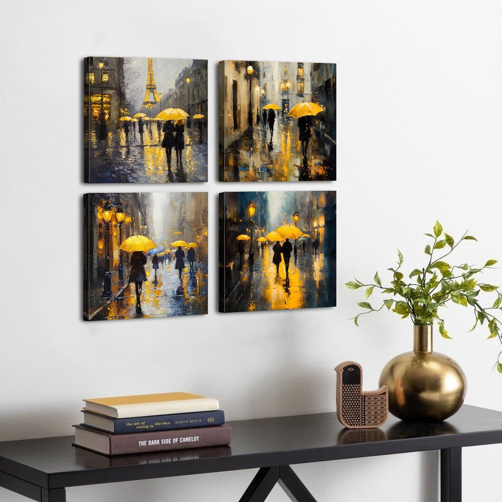 Abstract Paris Wall Art City Pictures Rainy Street Landscape Paintings Canvas Prints Yellow and Grey Wall Decor