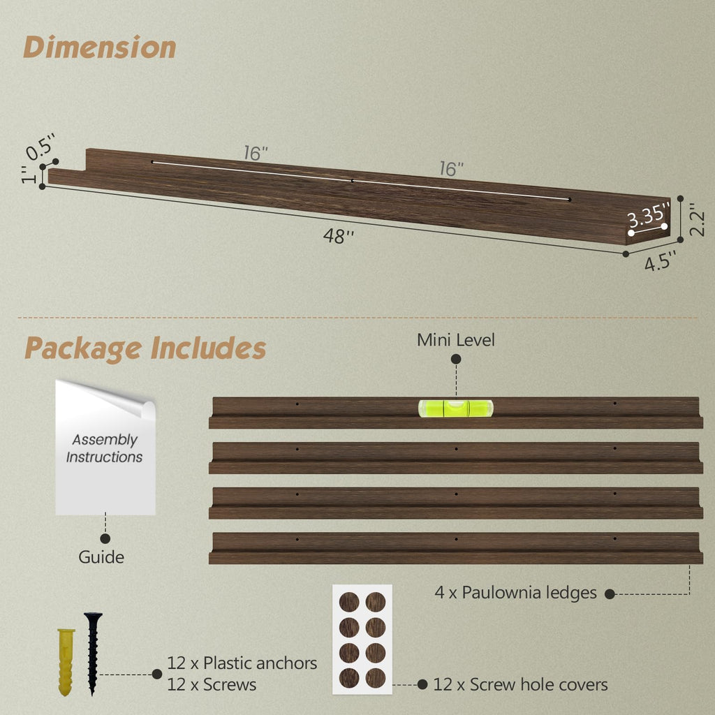 Wood Picture Ledge Shelf for Wall 4-Pack, 48 Inch Long Rustic Floating Shelves with Lip for Classroom Library