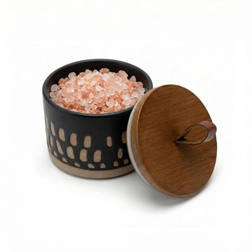 5 FL OZ Boho Salt Cellar, Airtight Bamboo Lid Small Canister for Salt Spice