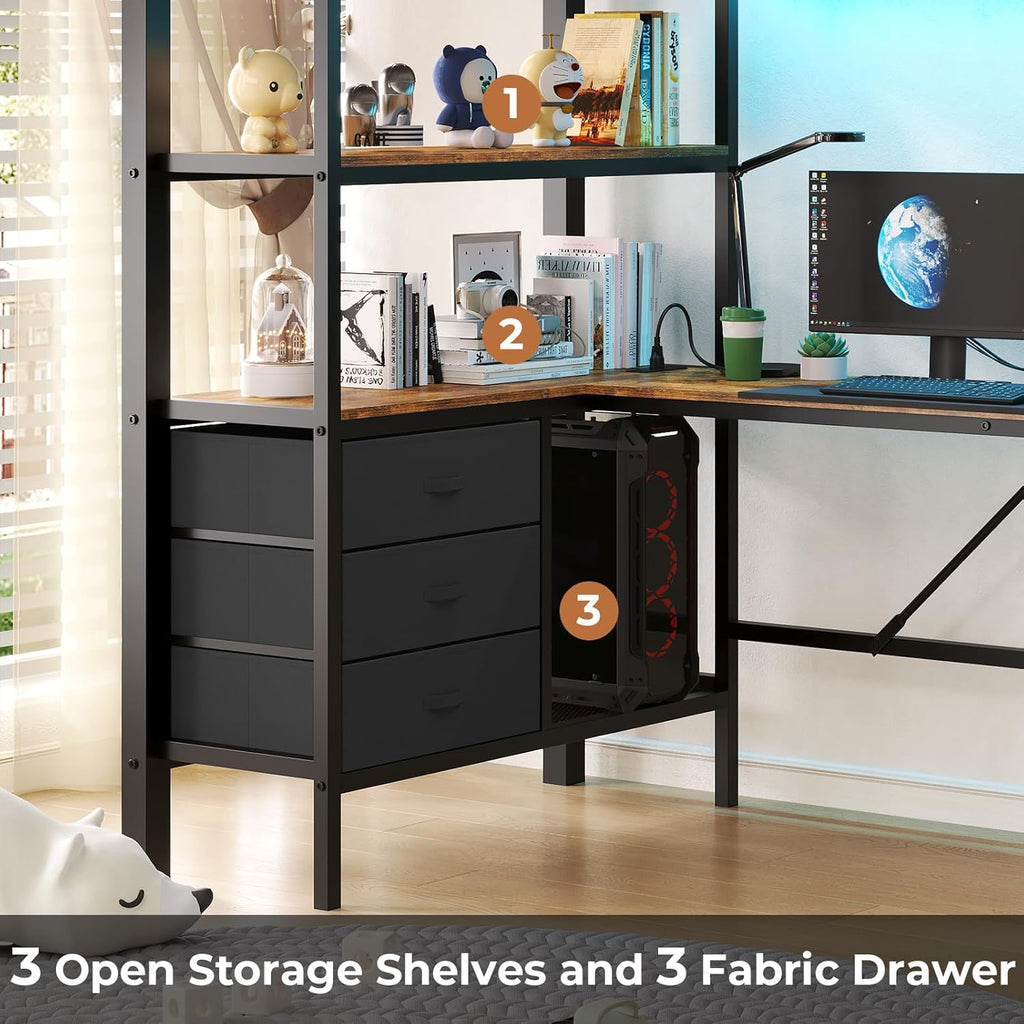 Twin Loft Bed with L-Shaped Desk, LED Lights,Charging Station LED Metal Kids Loft Bed Twin with 3 Storage Shelves and