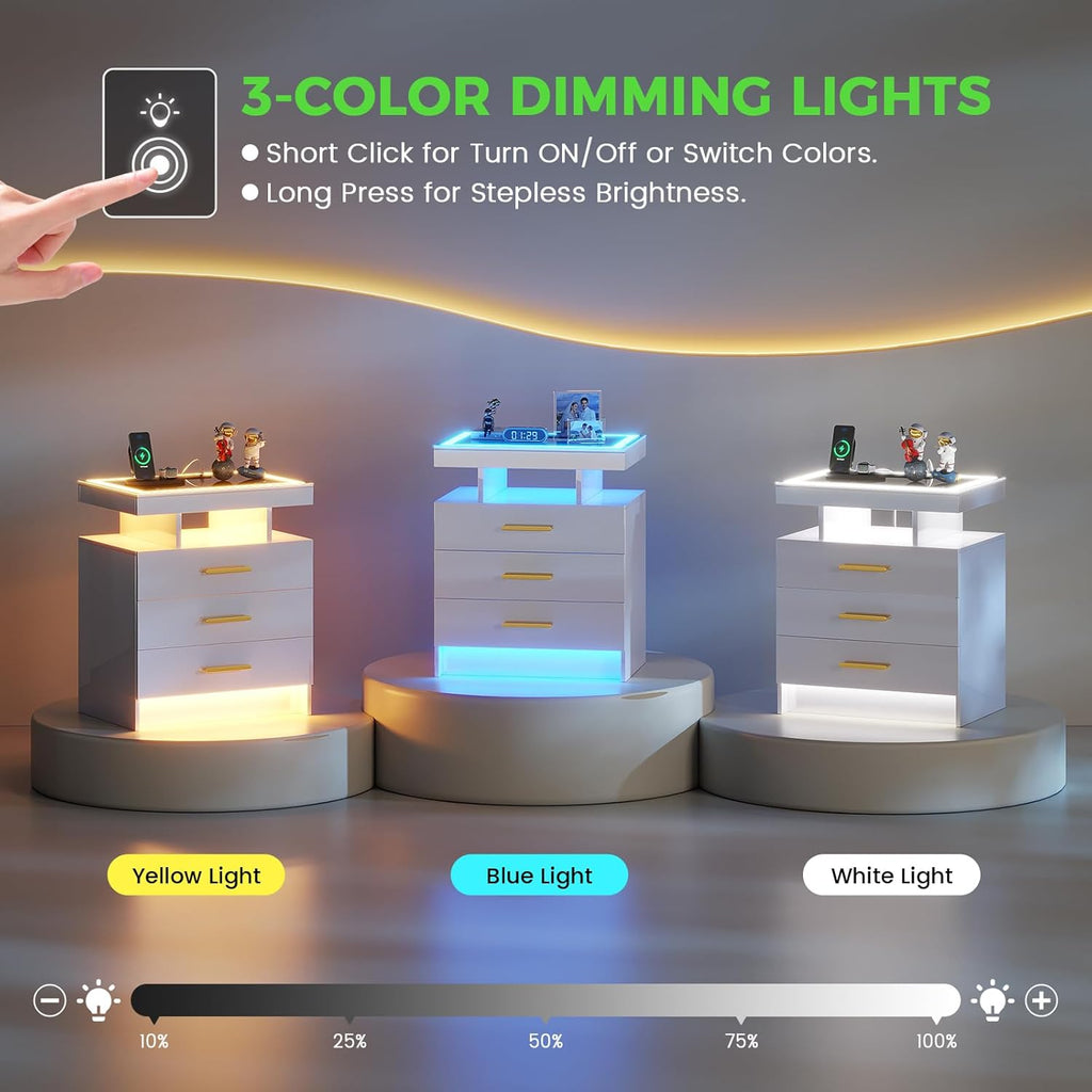 Night Stand Set 2 with LED Lights, High Gloss Nightstand with 3 Drawers,Wireless&USB&Type-C Charging Station,Smart