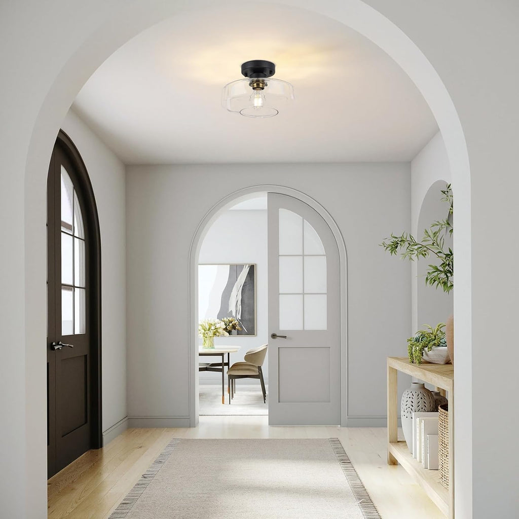 Semi Flush Mount Ceiling Light, 10.24" Modern Farmhouse | Clear Glass Light Fixture with Matte Black Finish, E26 Base