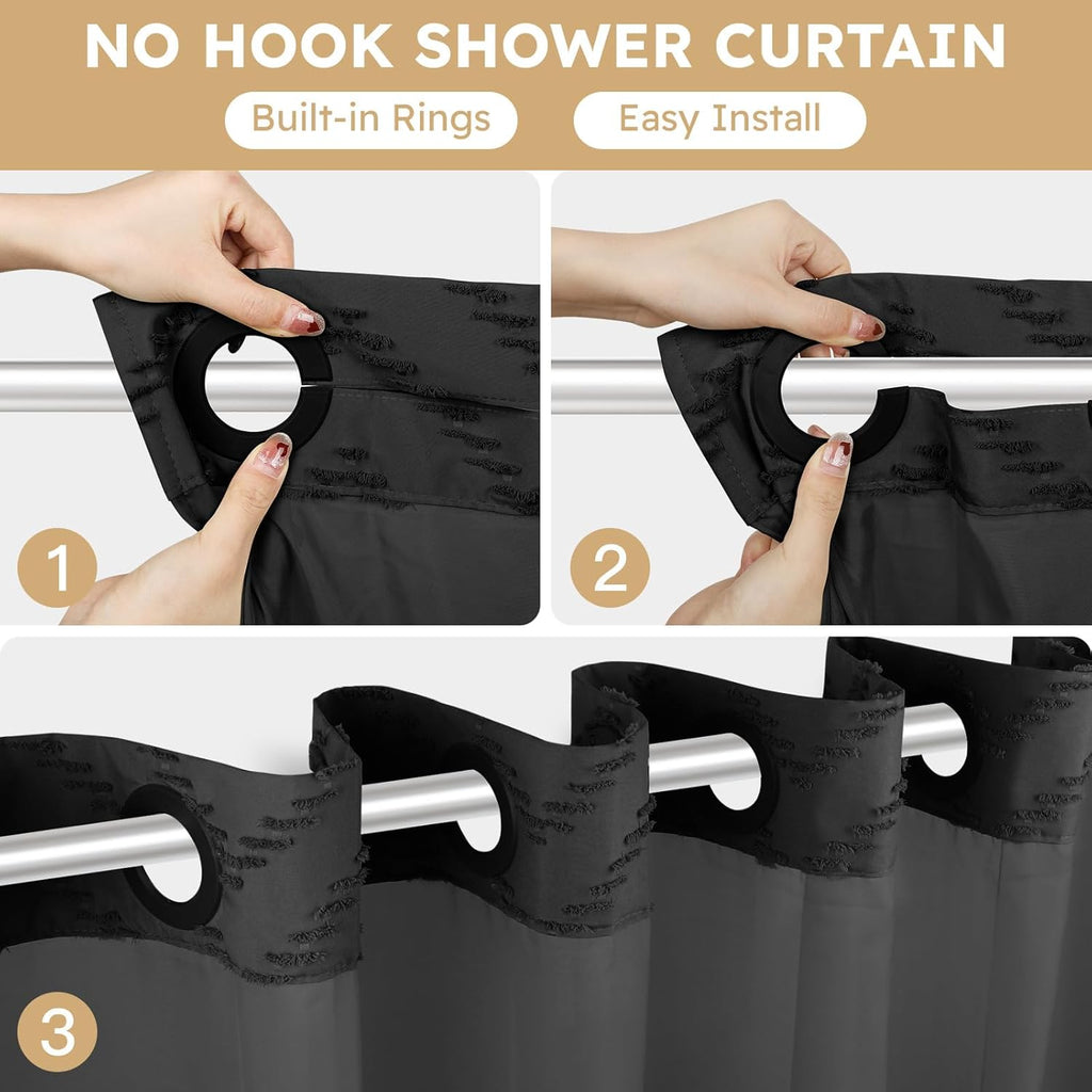 Black No Hook Shower Curtain Set with Snap in Liner, 71'' x 74'' | Bathroom Hotel Fabric Curtain, Waterproof Washable