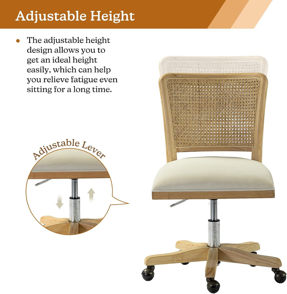 Modern Home Comfortable Upholstered Armless Desk Chair, Adjustable Swivel Rolling Computer Chair with Rattan Mid-Back