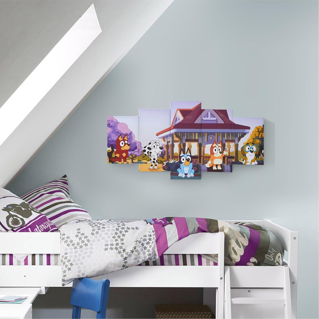 Bluey 5 Piece Wall Art Set,Kids Room Décor with Iconic Graphics, Ready to Hang Canvas Panels, Decorative Accent for