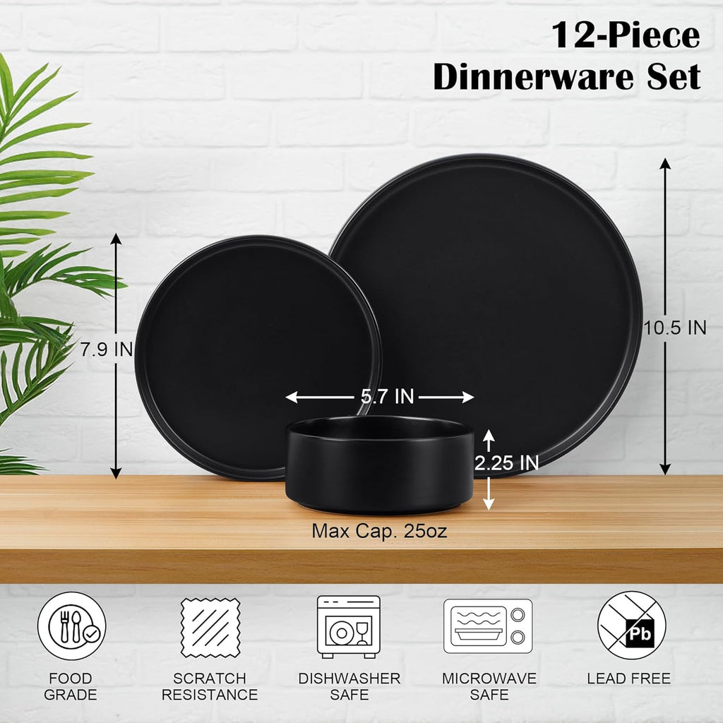 Stoneware Dinnerware Sets, 12-Piece Plates and Bowls Dish Set for 4, Kitchen Modern Dinning Ware