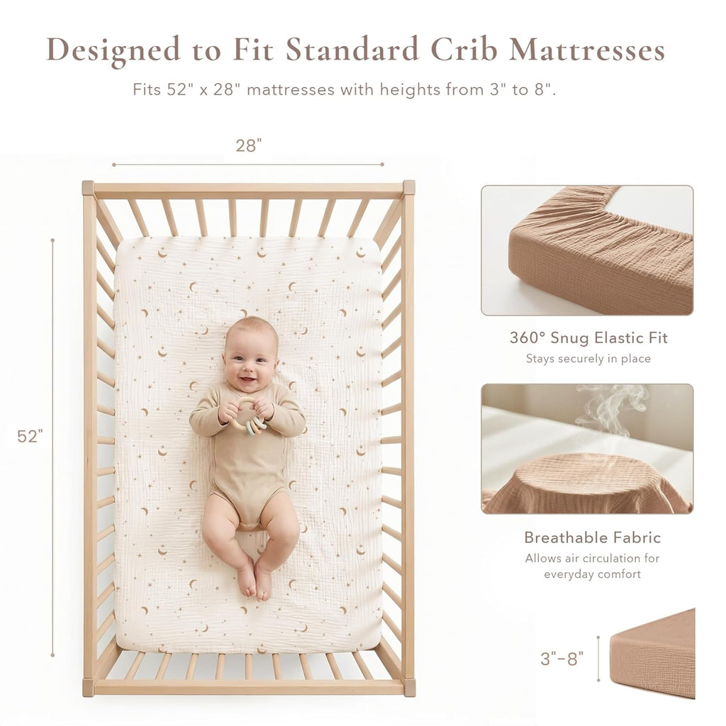 2 Pack Muslin Crib Sheets for Standard Crib Mattress, 52" x 28" | 100% Cotton, Soft & Breathable, 360° Elastic Snug