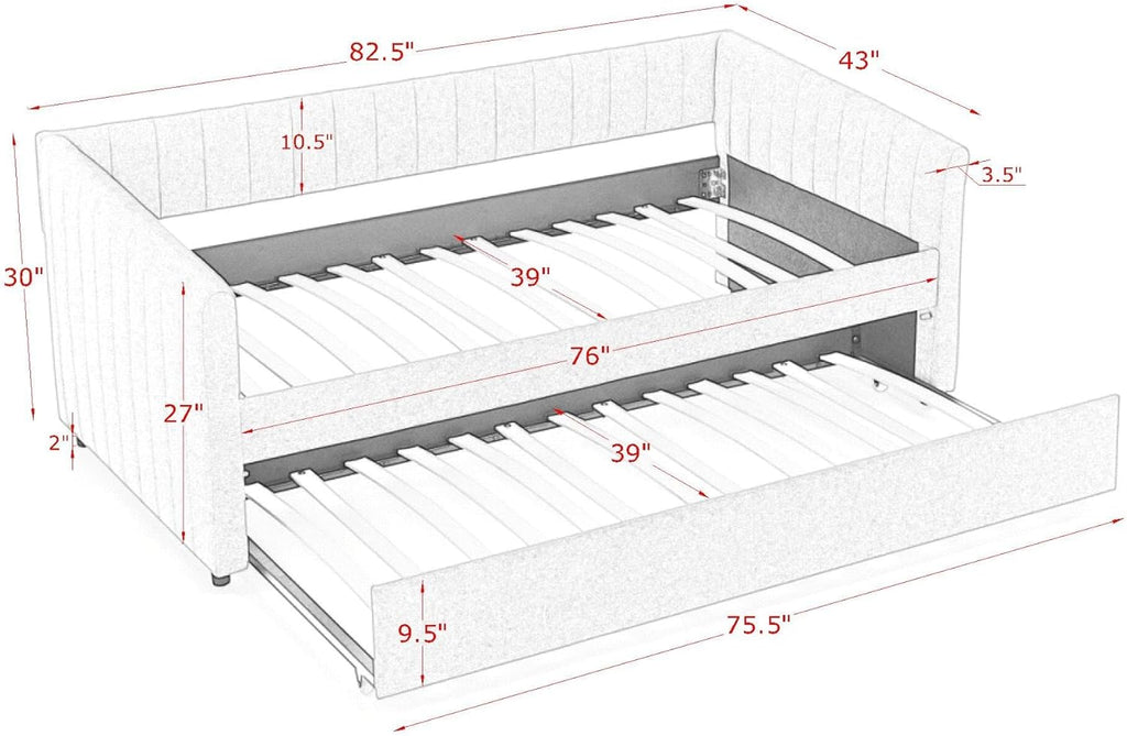 Twin Size Upholstery Daybed with Erectable Trundle and Vertical Stripes, Twin to King Design Extendable Linen Sofa