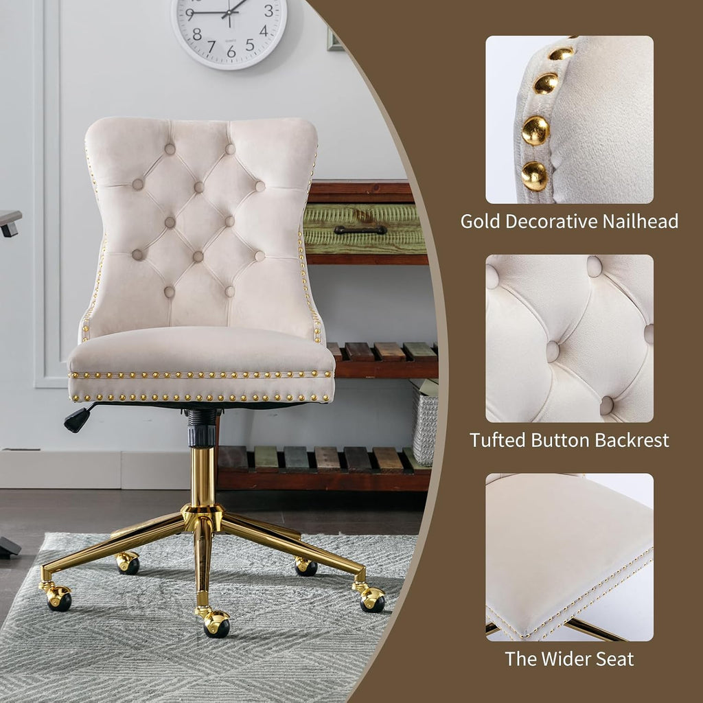 Velvet with Wheels and Gold Base, Armless Desk Chair with Tufted Back, Adjustable Height Swivel Vanity Chair