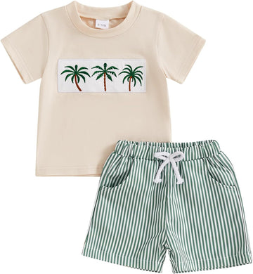 Toddler Baby Boy Summer Outfits Short Sleeve Embroidered T Shirt Tees + Striped/Plaid Shorts Infant Clothes Set