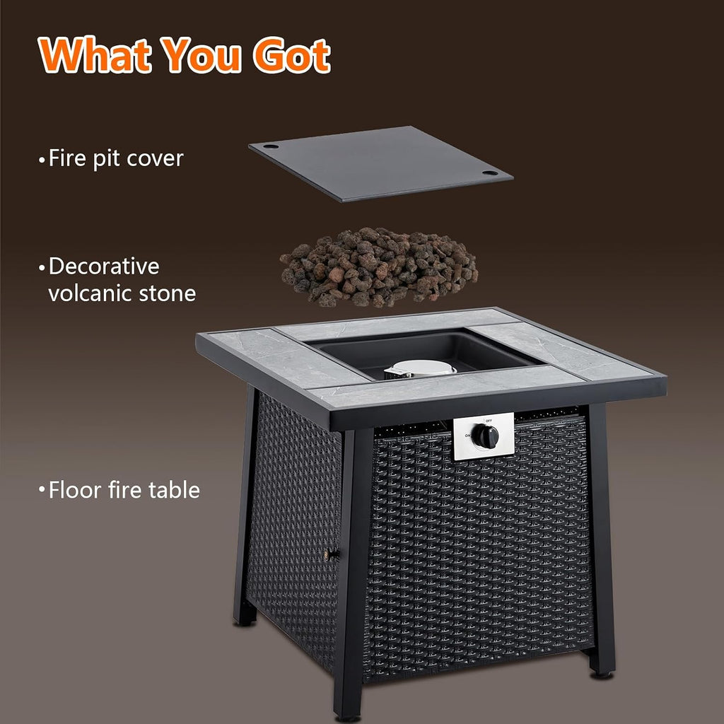 28 Inch Propane Fire Pit Table, 50000BTU Rectangle Fire Table with Cover, Sturdy Steel and Iron Fence Surface, CSA