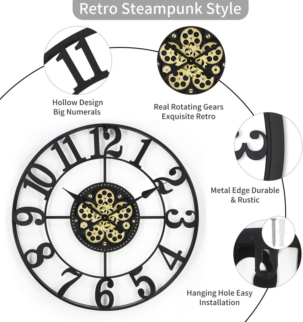 29 Inch Large Wall Clocks for Living Room Decor with Moving Gears,Large Wall Clock Industrial Steampunk,Oversized Metal Analog Wall...