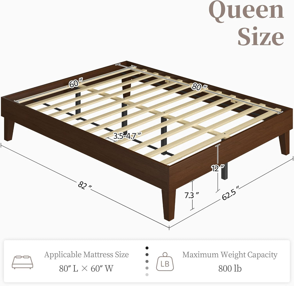 Queen Bed Frame Natural Solid Wood Platform Bed with Wooden Slats Support, 7.3-inch Underbed Space for Storage