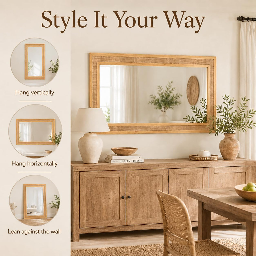 Rattan Mirror 20x30 Inch, Rectangle Wood Bathroom Mirror