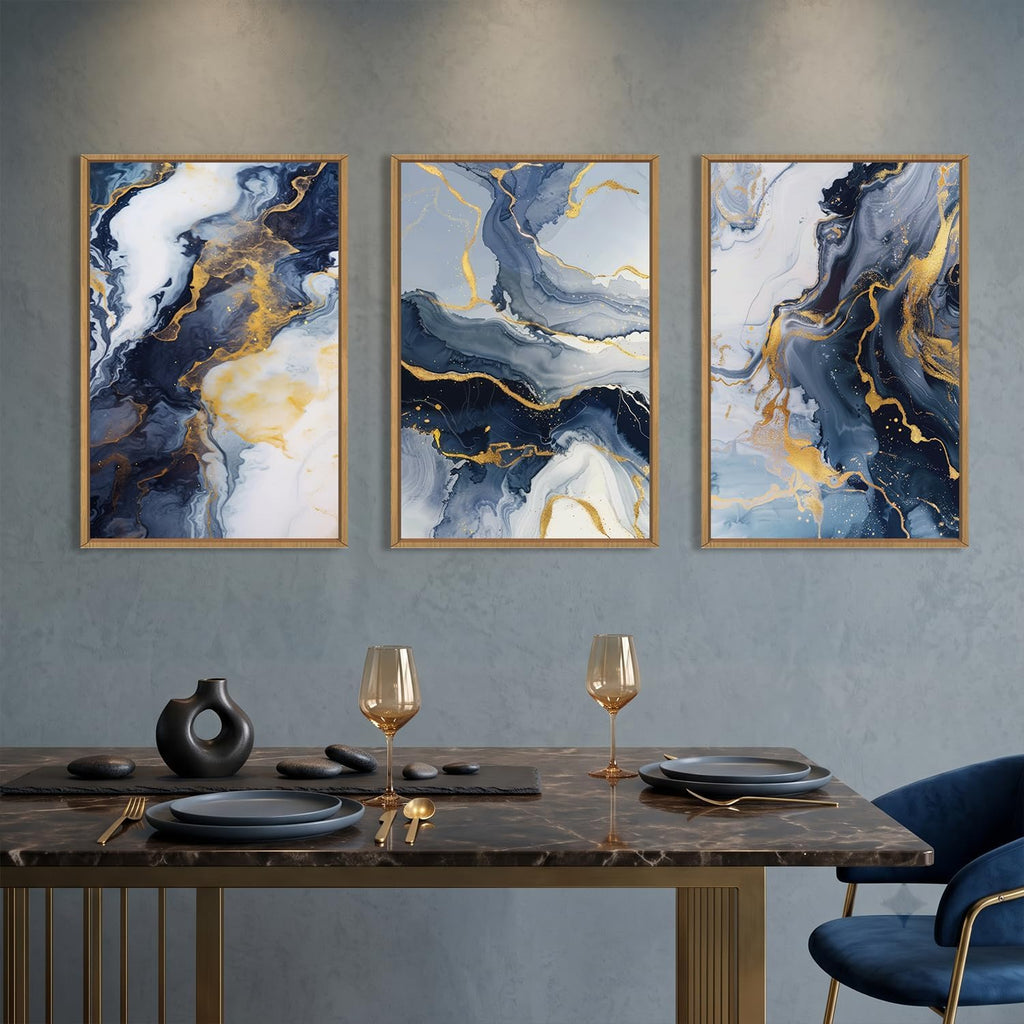 Abstract Navy Blue and Gold Framed Canvas Wall Art Set-16"x24"x3