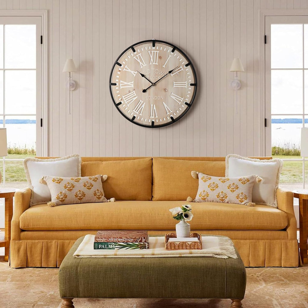 Farmhouse 24 Inch Extra Large Decorative Wall Clock with Metal Circle