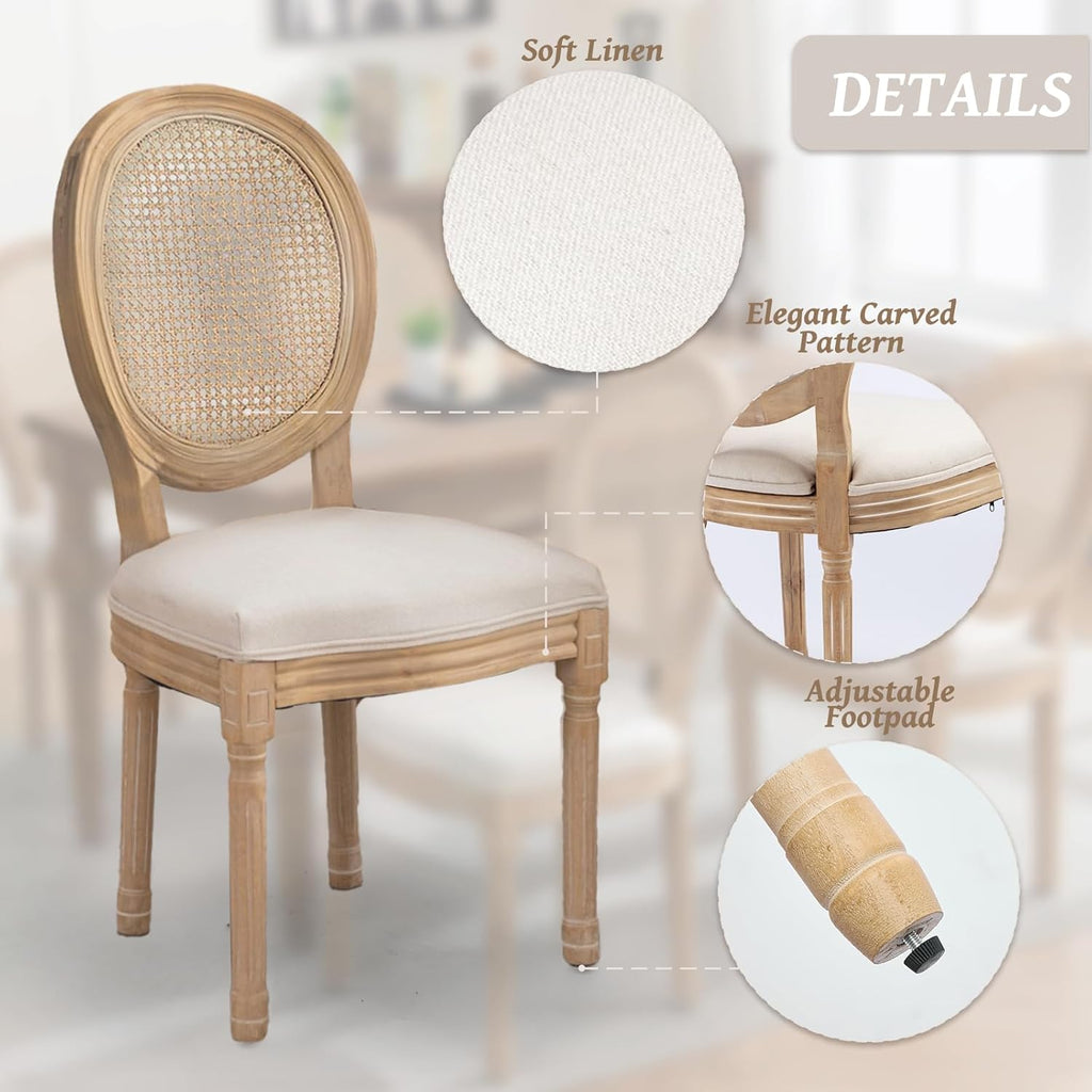 French Country Dining Chairs Set of 4,Farmhouse Upholstered Dining Room Chairs with Round Back and Solid Leg,Rattan
