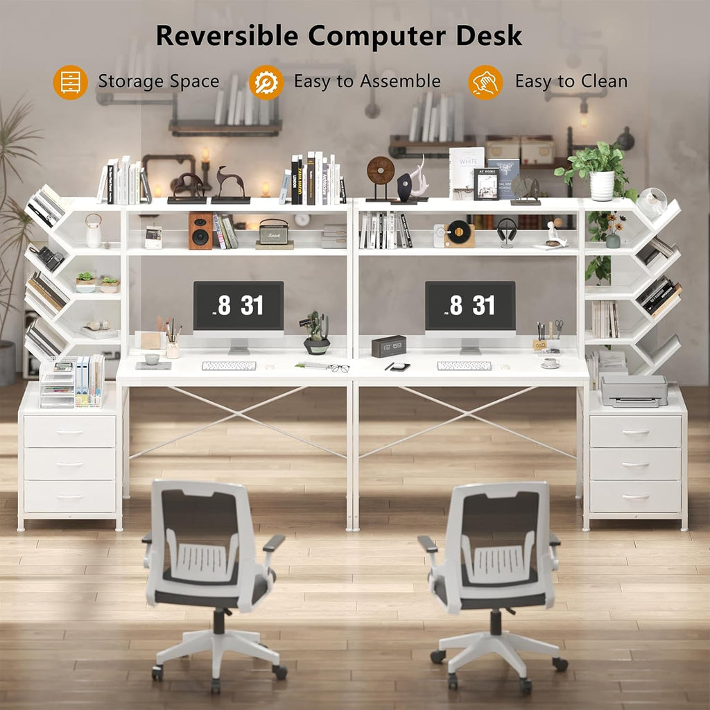 Reversible Computer Desk with Hutch, Home Office Desk with Drawers and Bookshelf