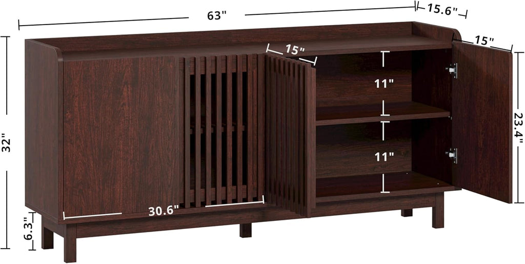 63" Storage Cabinet, Buffet Cabinet with Grille Doors and 2 Adjustable Shelves, Mid Century Sideboard for Kitchen