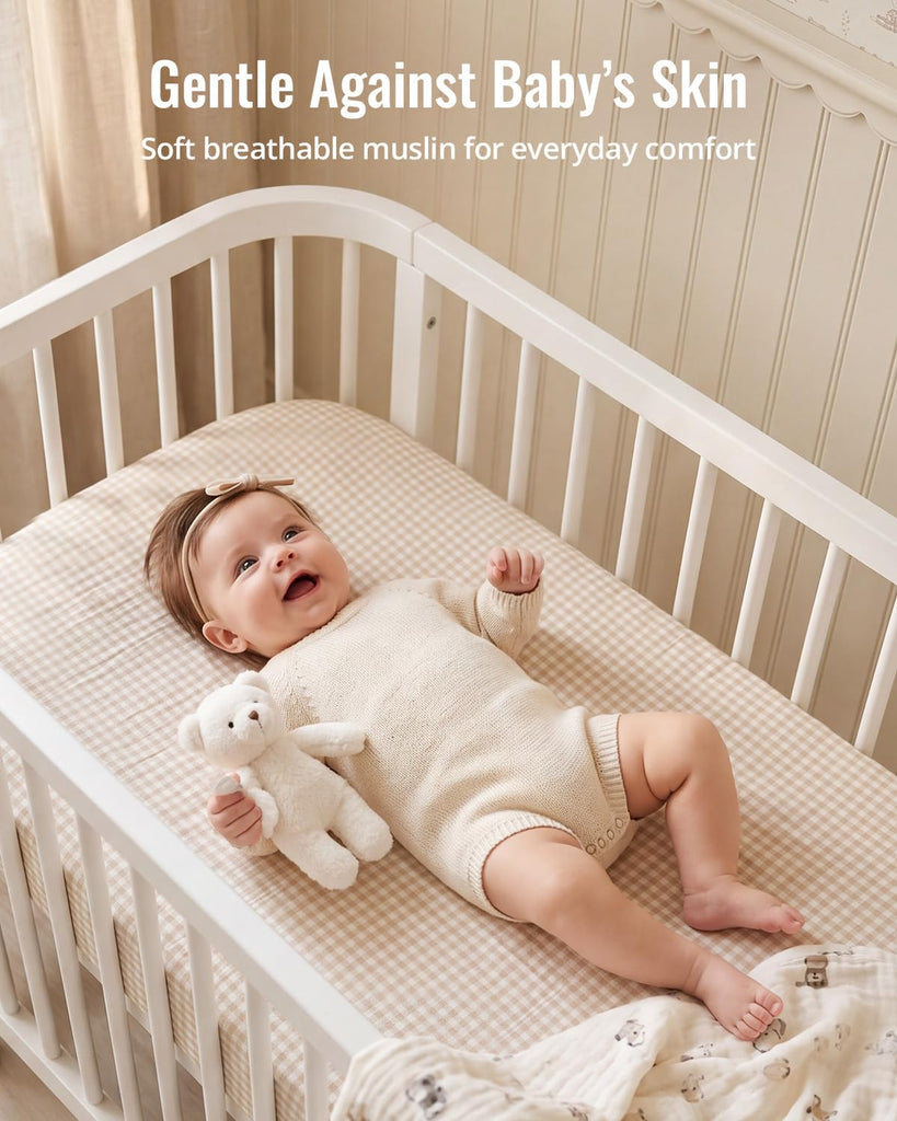Muslin Mini Crib Sheets, 2 Pack, Beige Gingham&Brown Gingham