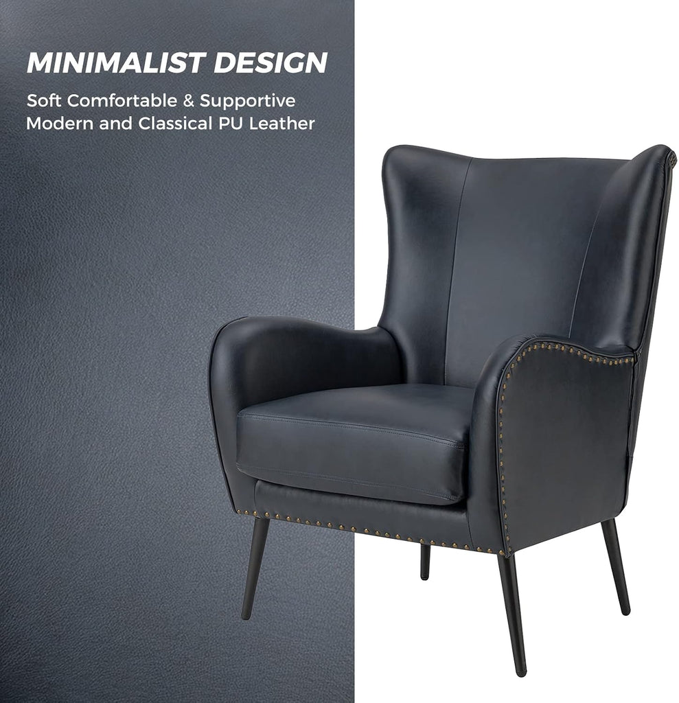 Faux Leather Accent Chair, Navy | Wingback design with removable cushion, nailhead trim, and metal legs , reading