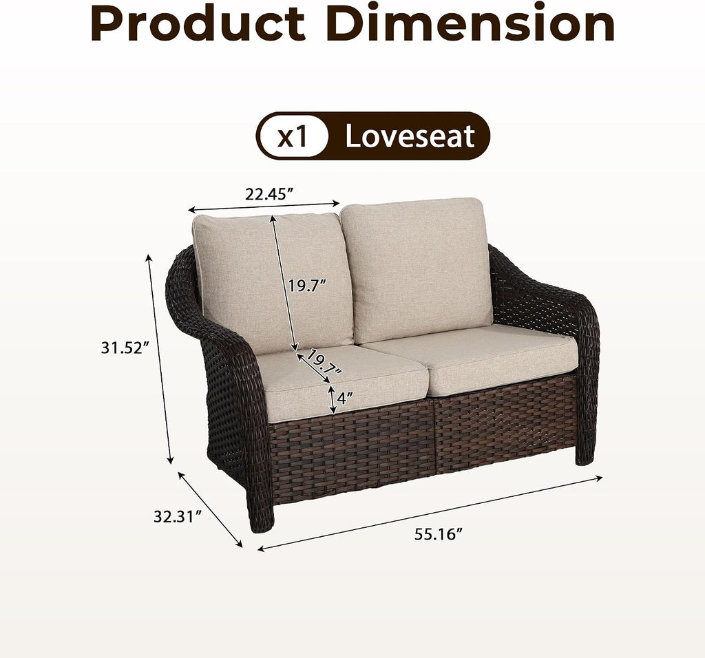55 inch Outdoor Wicker 2 Seater Sofa, All-Weather Use Patio Rattan Loveseat with Seat and Back Cushion, Ideal for