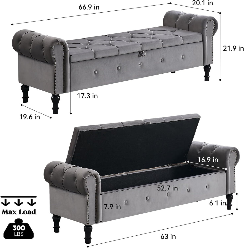 Storage Bench 67" Velvet End of Bed Benches Dark Grey | King Size Storage Bench with Rolled Arms Tufted Ottoman