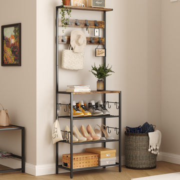 Coat Rack with Shoe Storage, 5-Tier Shoe and Coat Rack with 9 Clothes Hooks, Freestanding Hall Tree Organizer