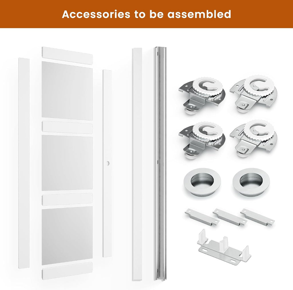 Sliding Closet Door, 72"×80"(Double Barn Doors 37"), Double Frosted 3 Panel Glass Sliding Door with Hardware Kit, Pre-Drilled Door Panel, Need to Assemble, MDF with PVC Surface, White