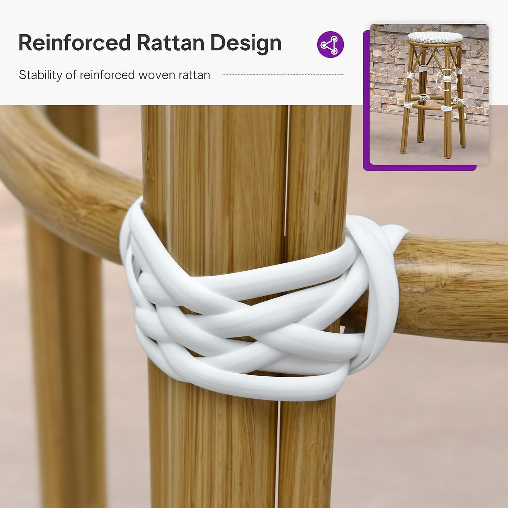 Patio Round Counter Height Stool Set of 2 Outdoor Backless Barstools Aluminum Frame in Bamboo Finish with White