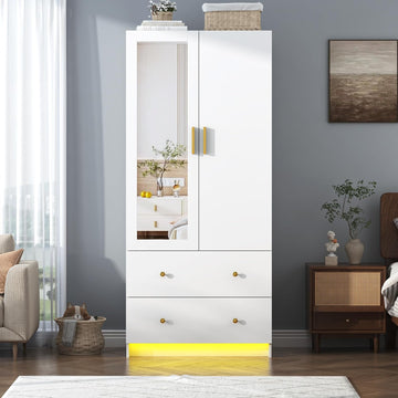 2 Doors Armoire Wardrobe Closet with Mirror, LED Closet with Doors and Drawers, Wooden Wardrobe Storage Cabinet with
