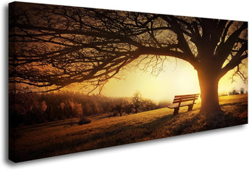 Wall Art Decor Canvas Print Picture Big Trees in Sunset 1 Panel Golden Sunset Forest Natural Landscape Painting