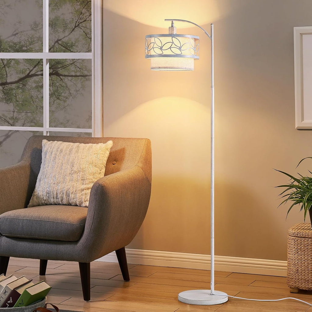 66.1" Gold Accent Floor Lamp with Floral Metal Shade & Linen Inner Shade, Farmhouse Standing Lamp Bedroom Office