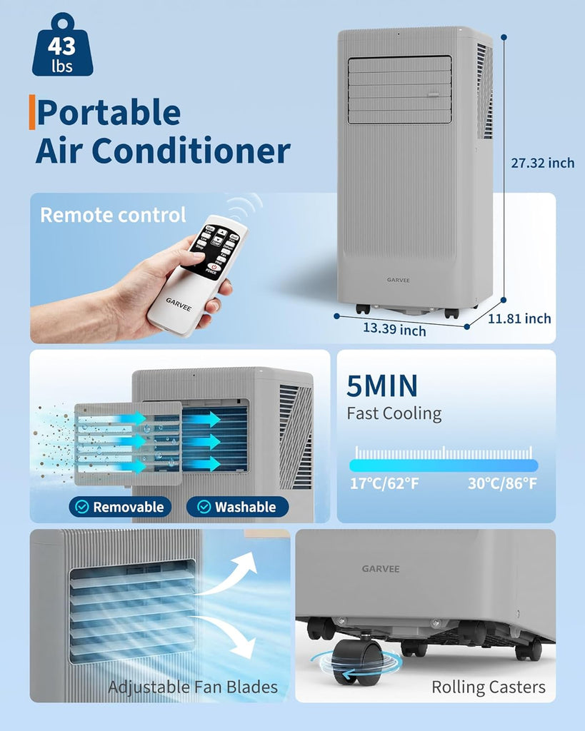 10000BTU Portable Air Conditioner,Up to 450 Sq.Ft. Remote Control Silent Portable AC Unit, Dehumidifier,Fan