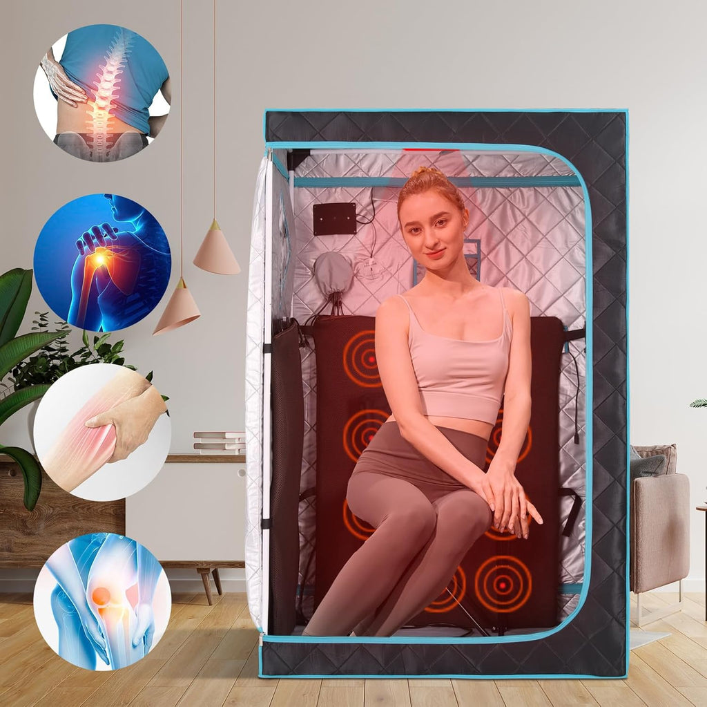 Portable Full Size Infrared Saunas for Home, One Person Full Body Home Spa Tent with Heating Foot Pad, Remote Control, Reinforced Foldable Chair (Black)