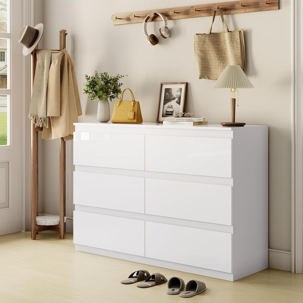 White 6 Drawer Dresser 47" Wide Closet Storage | Wood Dresser, Modern High Gloss, Handle-Free, |TV Stand|Living Room