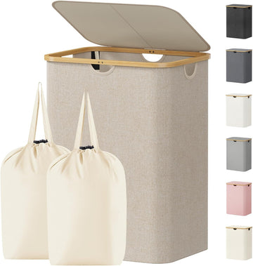 150L Laundry Basket with Lid, Clothes Hampers for Laundry with Bamboo Handles and 2 Removable Bag, Large Foldable