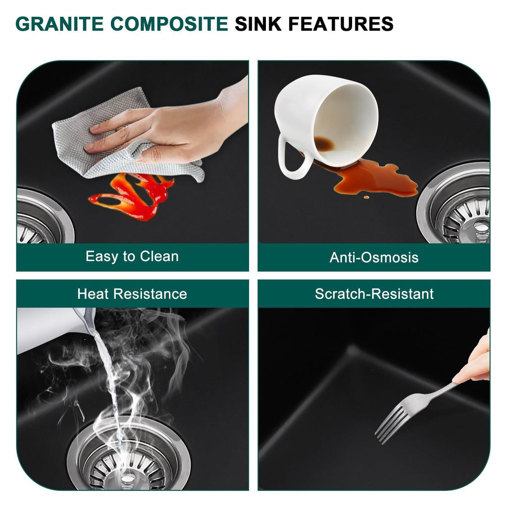 32x19" Black Undermount Kitchen Sink, Granite Composite Workstation